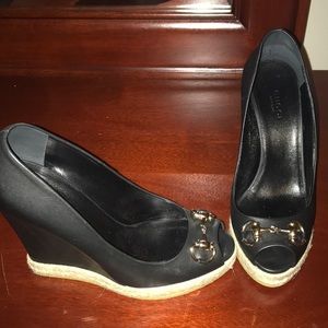 Authentic black leather Gucci wedges